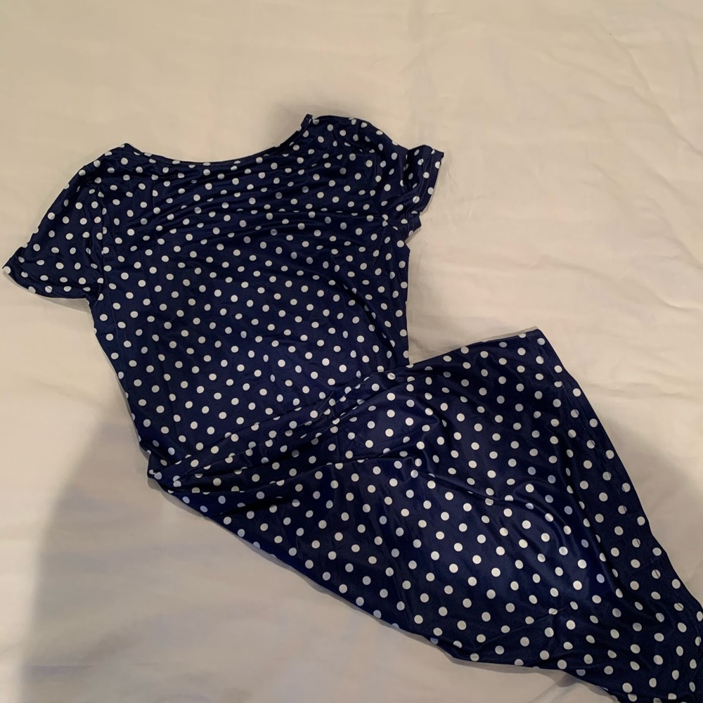 Maternity blue and white polka dot dress